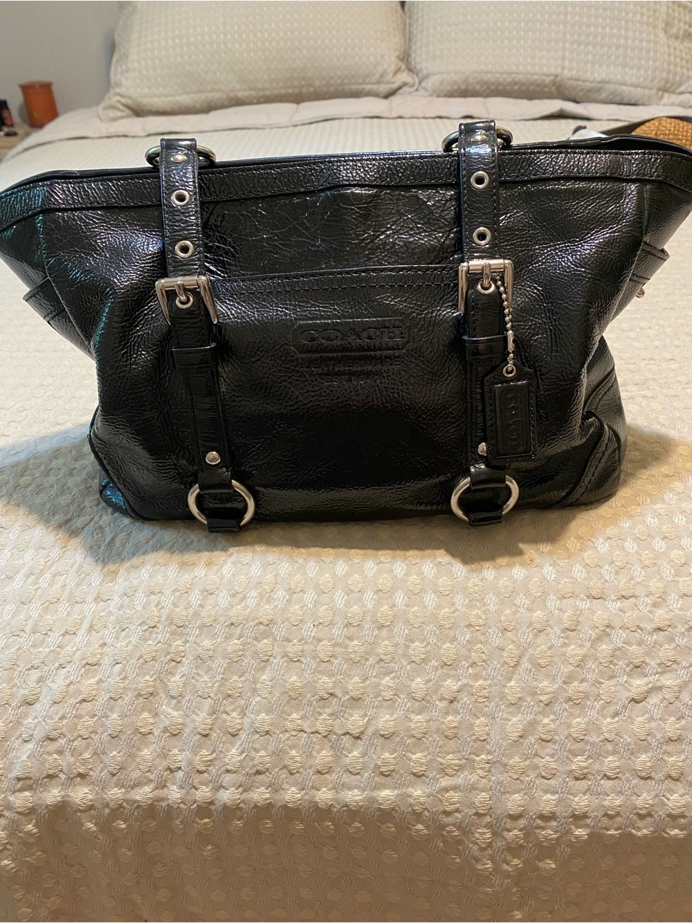 Coach Patent Black Leather Tote with Polished Hardware